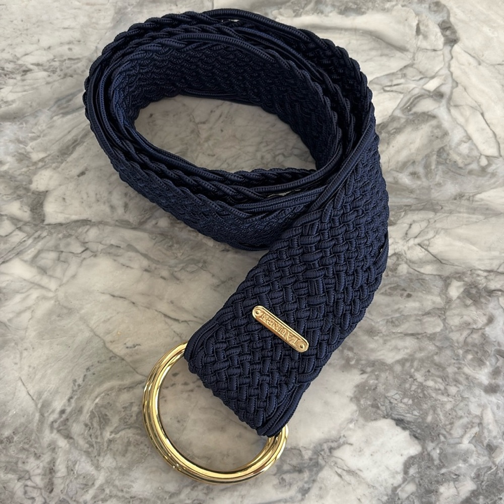 Vintage Ralph Lauren Navy blue woven Lauren belt, brass, o ring 40”